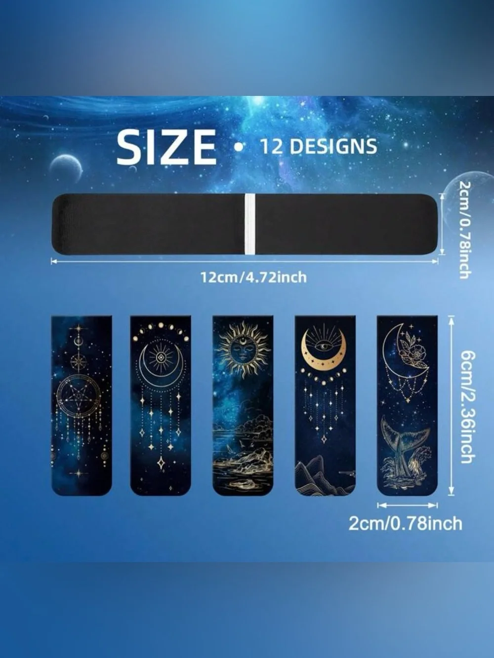 12 Mystic Night Sky Magnetic Bookmarks – Blue & Gold Celestial Moon Stars